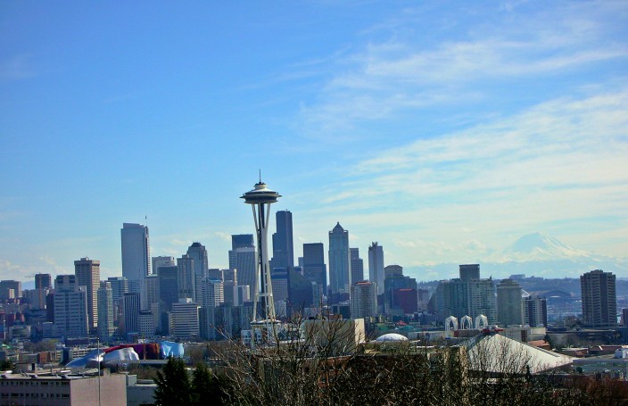 Seattle Skyline, Space Needle, downtown, and Mt. Rainier in background